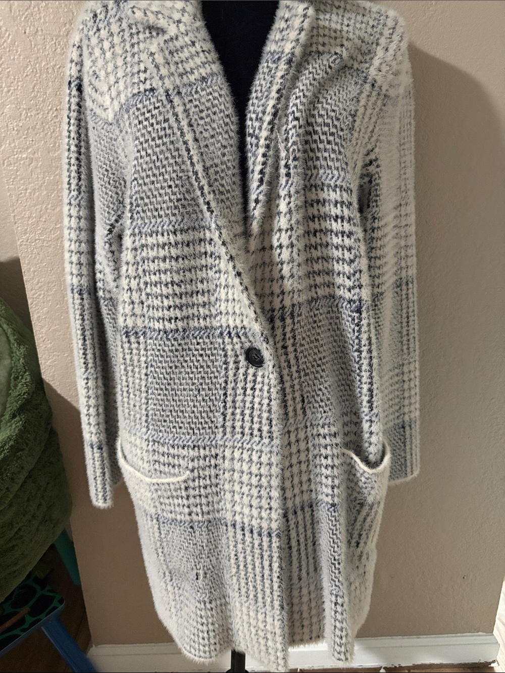 Cozy Oversized Ivory and Light Blue Plaid Women's Sweater Coat
